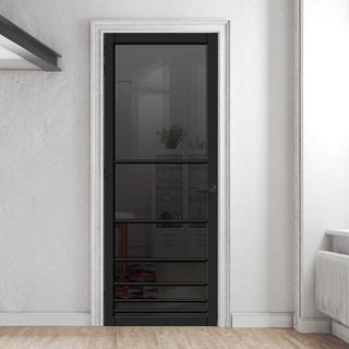 Image: Chord Solid Wood Internal Door UK Made  DD0110T Tinted Glass - Shadow Black Premium Primed - Urban Lite® Bespoke Sizes