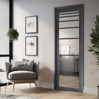 Image: Revella Solid Wood Internal Door UK Made  DD0111C Clear Glass - Stormy Grey Premium Primed - Urban Lite® Bespoke Sizes