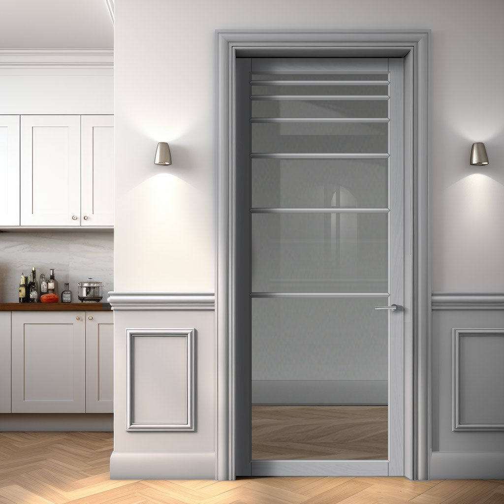Revella Solid Wood Internal Door UK Made  DD0111C Clear Glass - Mist Grey Premium Primed - Urban Lite® Bespoke Sizes