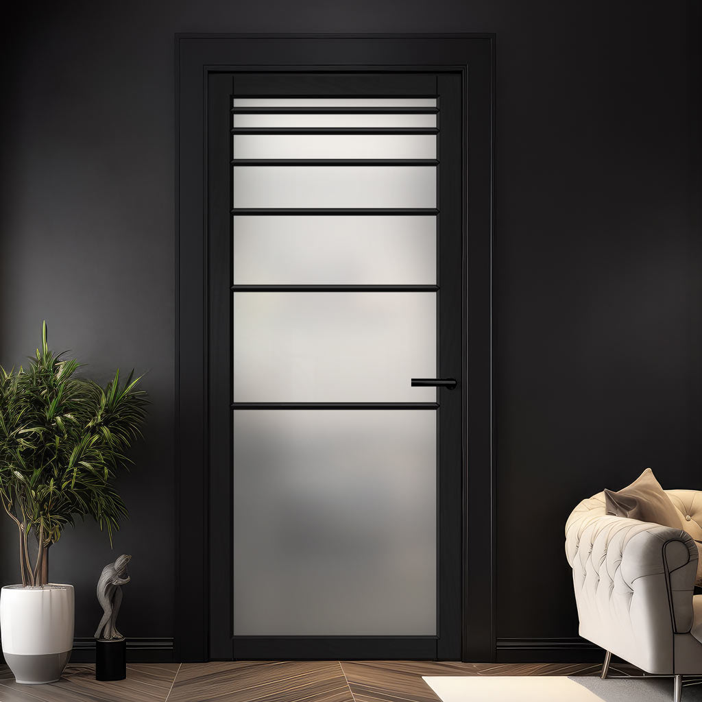 Revella Solid Wood Internal Door UK Made  DD0111F Frosted Glass - Shadow Black Premium Primed - Urban Lite® Bespoke Sizes