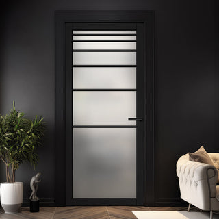 Image: Revella Solid Wood Internal Door UK Made  DD0111F Frosted Glass - Shadow Black Premium Primed - Urban Lite® Bespoke Sizes
