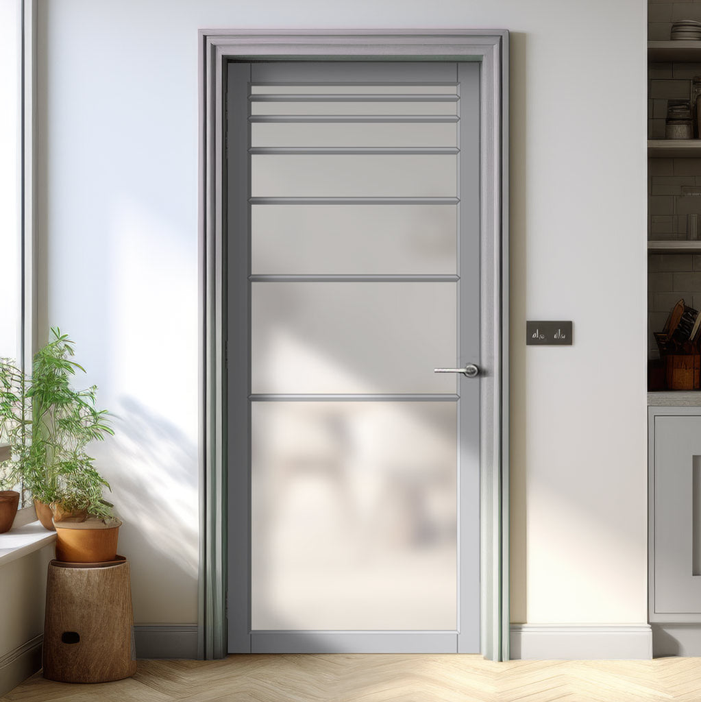 Revella Solid Wood Internal Door UK Made  DD0111F Frosted Glass - Mist Grey Premium Primed - Urban Lite® Bespoke Sizes