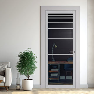 Image: Revella Solid Wood Internal Door UK Made  DD0111T Tinted Glass - Mist Grey Premium Primed - Urban Lite® Bespoke Sizes
