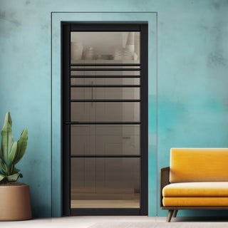 Image: Amoo Solid Wood Internal Door UK Made  DD0112C Clear Glass - Shadow Black Premium Primed - Urban Lite® Bespoke Sizes