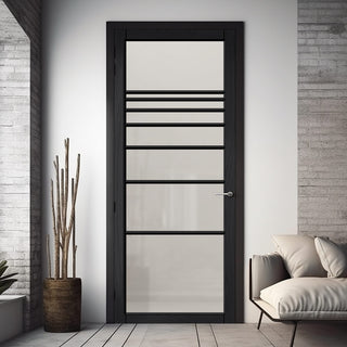 Image: Amoo Solid Wood Internal Door UK Made  DD0112F Frosted Glass - Shadow Black Premium Primed - Urban Lite® Bespoke Sizes