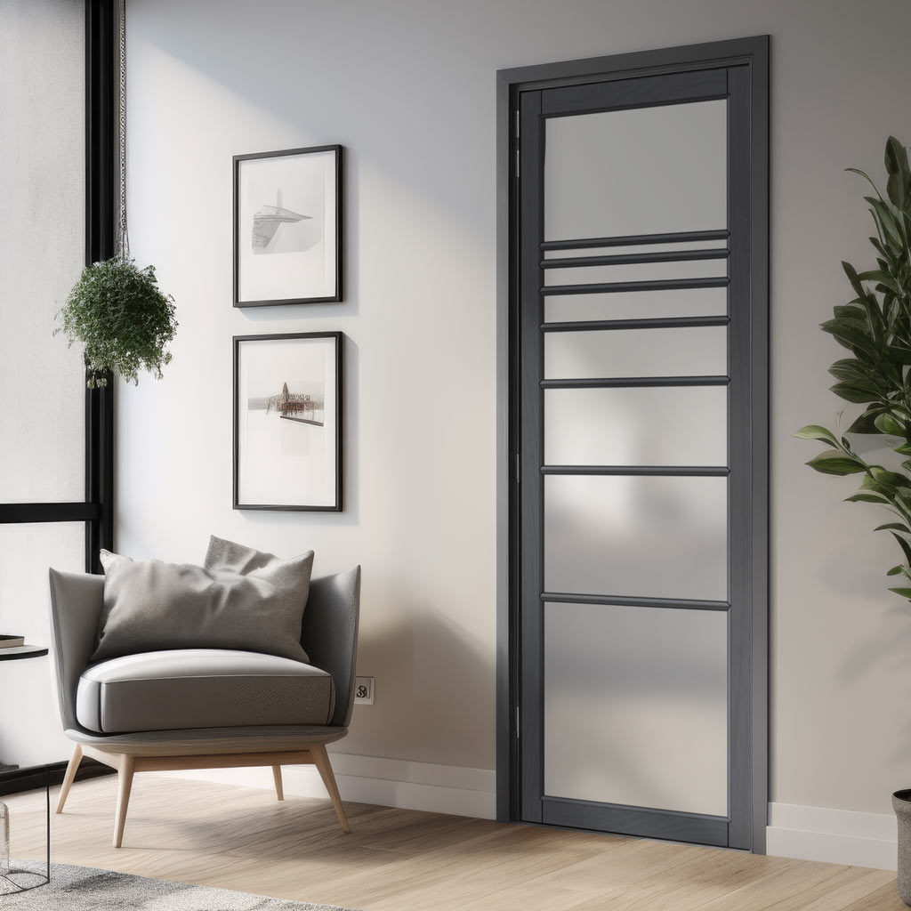 Amoo Solid Wood Internal Door UK Made DD0112F Frosted Glass - 7 Colour Options Premium Primed - Urban Lite® Bespoke Sizes