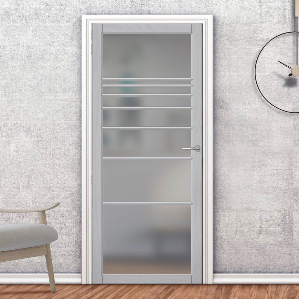 Amoo Solid Wood Internal Door UK Made  DD0112F Frosted Glass - Mist Grey Premium Primed - Urban Lite® Bespoke Sizes