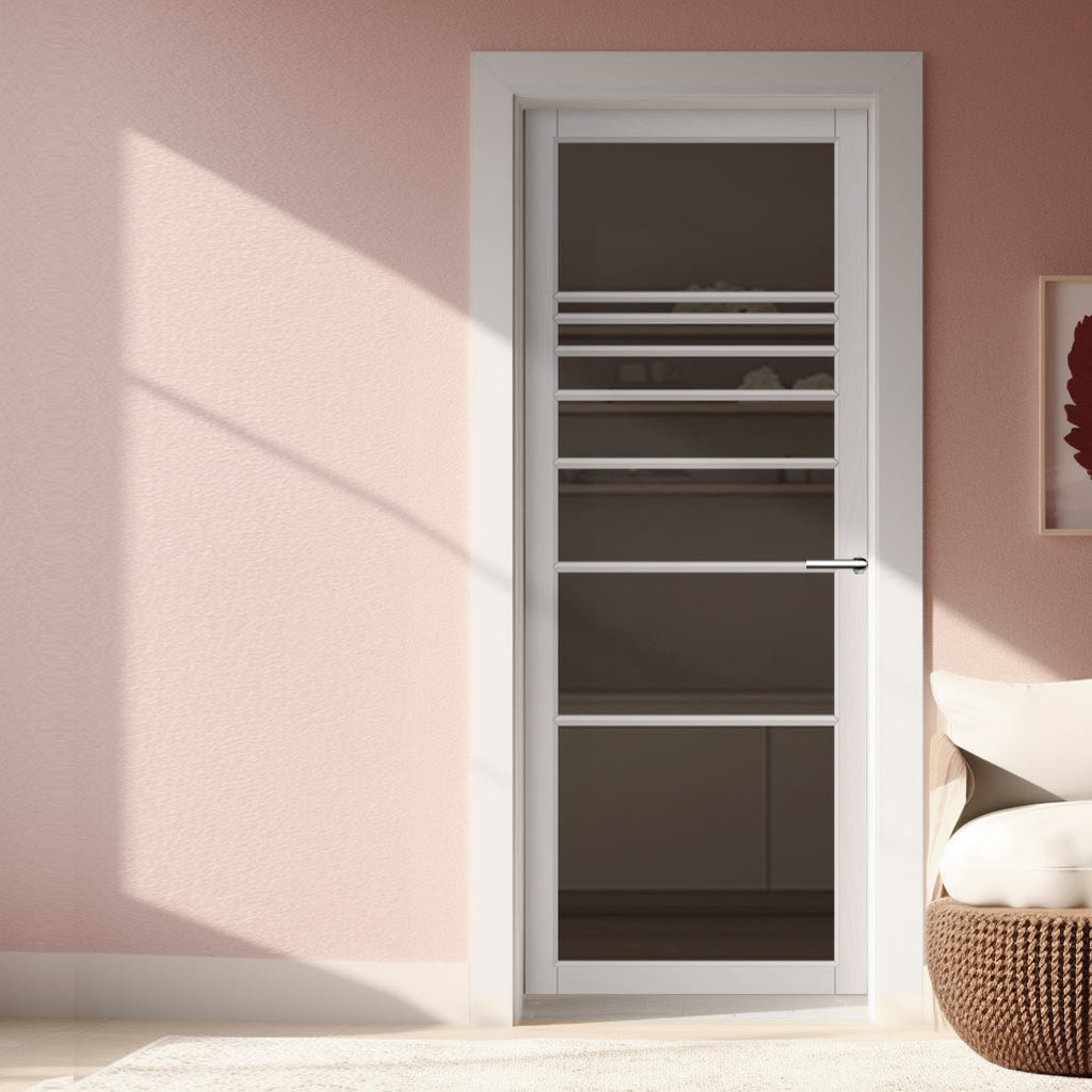 Amoo Solid Wood Internal Door UK Made  DD0112T Tinted Glass - Cloud White Premium Primed - Urban Lite® Bespoke Sizes