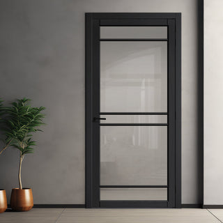 Image: Ebida Solid Wood Internal Door UK Made  DD0113C Clear Glass - Shadow Black Premium Primed - Urban Lite® Bespoke Sizes