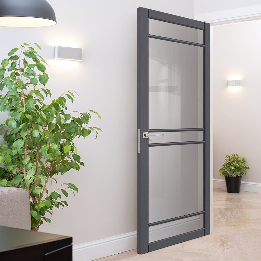 Ebida Solid Wood Internal Door UK Made  DD0113C Clear Glass - Stormy Grey Premium Primed - Urban Lite® Bespoke Sizes