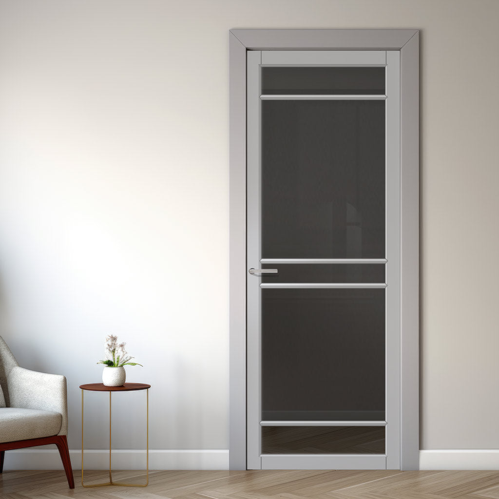 Ebida Solid Wood Internal Door UK Made  DD0113T Tinted Glass - Mist Grey Premium Primed - Urban Lite® Bespoke Sizes