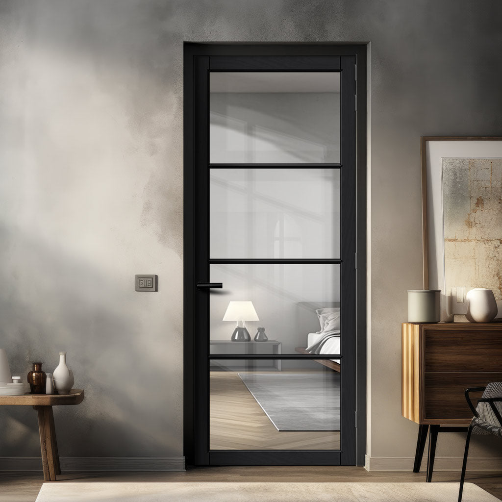 Florence Solid Wood Internal Door UK Made  DD0114C Clear Glass - Shadow Black Premium Primed - Urban Lite® Bespoke Sizes