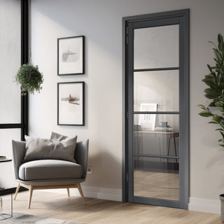 Image: Firena Solid Wood Internal Door UK Made  DD0114C Clear Glass - Stormy Grey Premium Primed - Urban Lite® Bespoke Sizes