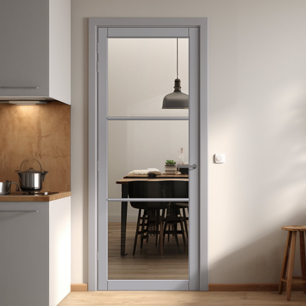 Iretta Solid Wood Internal Door UK Made  DD0115C Clear Glass - Mist Grey Premium Primed - Urban Lite® Bespoke Sizes
