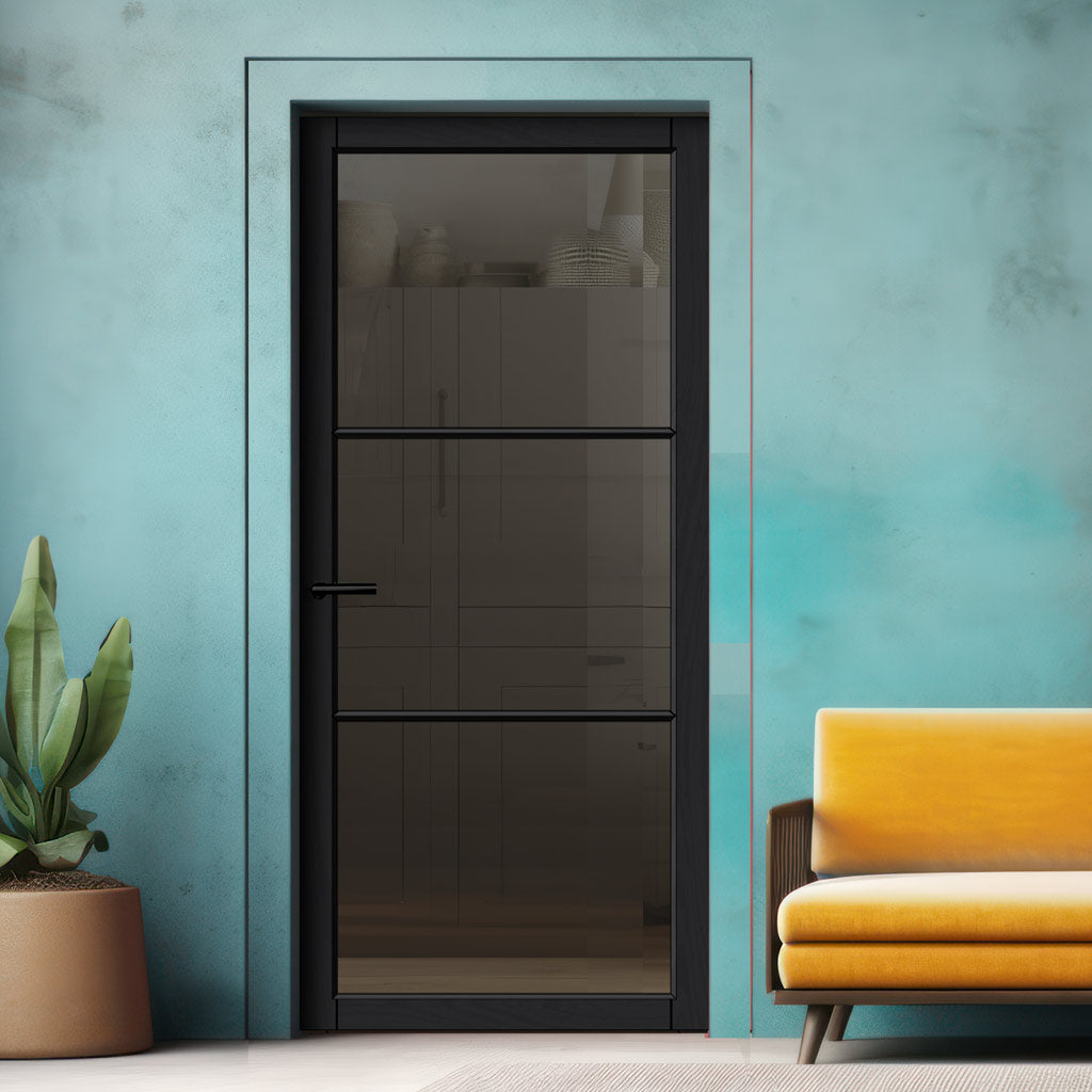 Iretta Solid Wood Internal Door UK Made  DD0115T Tinted Glass - Shadow Black Premium Primed - Urban Lite® Bespoke Sizes