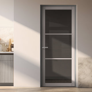 Image: Iretta Solid Wood Internal Door UK Made  DD0115T Tinted Glass - Mist Grey Premium Primed - Urban Lite® Bespoke Sizes