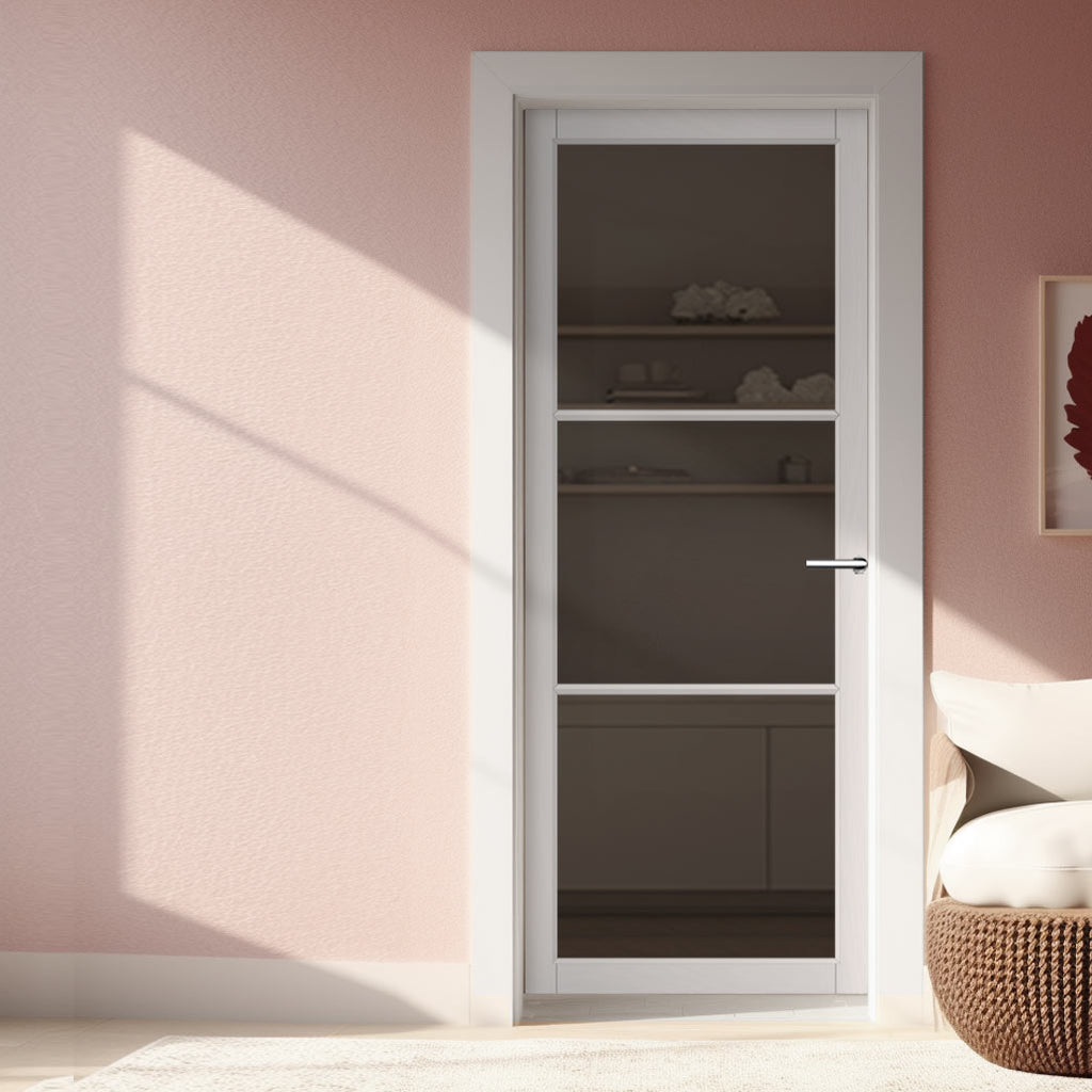 Iretta Solid Wood Internal Door UK Made  DD0115T Tinted Glass - Cloud White Premium Primed - Urban Lite® Bespoke Sizes