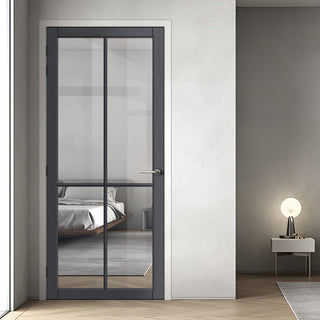 Image: Kora Solid Wood Internal Door UK Made  DD0116C Clear Glass - Stormy Grey Premium Primed - Urban Lite® Bespoke Sizes