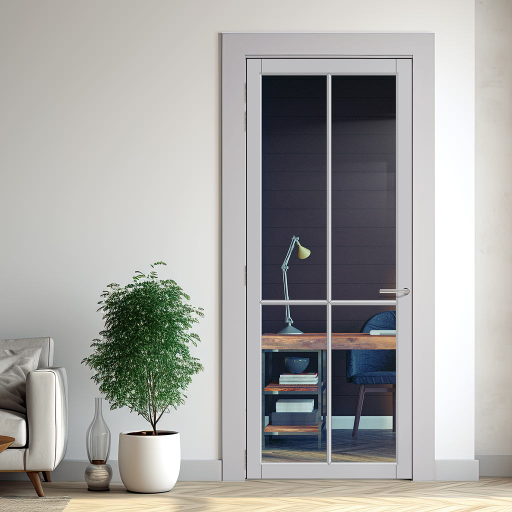 Kora Solid Wood Internal Door UK Made  DD0116C Clear Glass - Mist Grey Premium Primed - Urban Lite® Bespoke Sizes