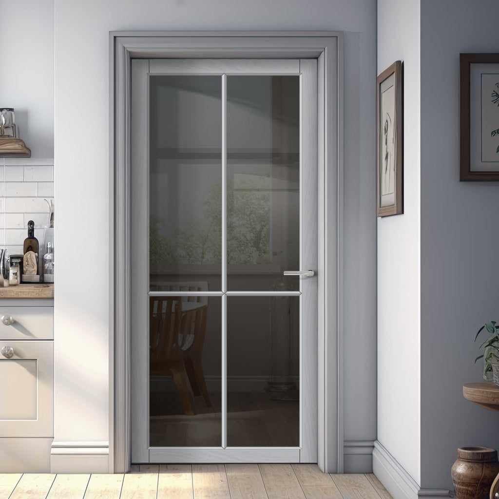 Kora Solid Wood Internal Door UK Made  DD0116T Tinted Glass - Mist Grey Premium Primed - Urban Lite® Bespoke Sizes