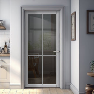 Image: Kora Solid Wood Internal Door UK Made  DD0116T Tinted Glass - Mist Grey Premium Primed - Urban Lite® Bespoke Sizes