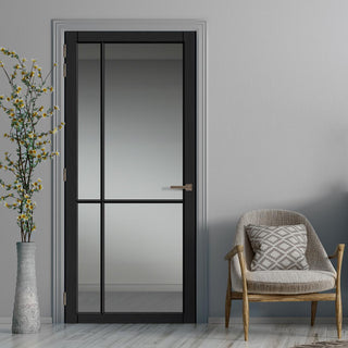 Image: Lerens Solid Wood Internal Door UK Made  DD0117C Clear Glass - Shadow Black Premium Primed - Urban Lite® Bespoke Sizes