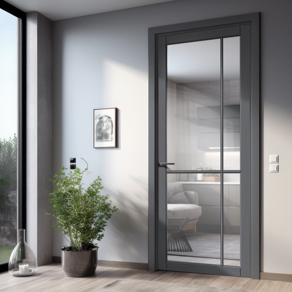 Lerens Solid Wood Internal Door UK Made  DD0117C Clear Glass - Stormy Grey Premium Primed - Urban Lite® Bespoke Sizes