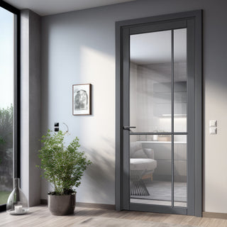 Image: Lerens Solid Wood Internal Door UK Made  DD0117C Clear Glass - Stormy Grey Premium Primed - Urban Lite® Bespoke Sizes