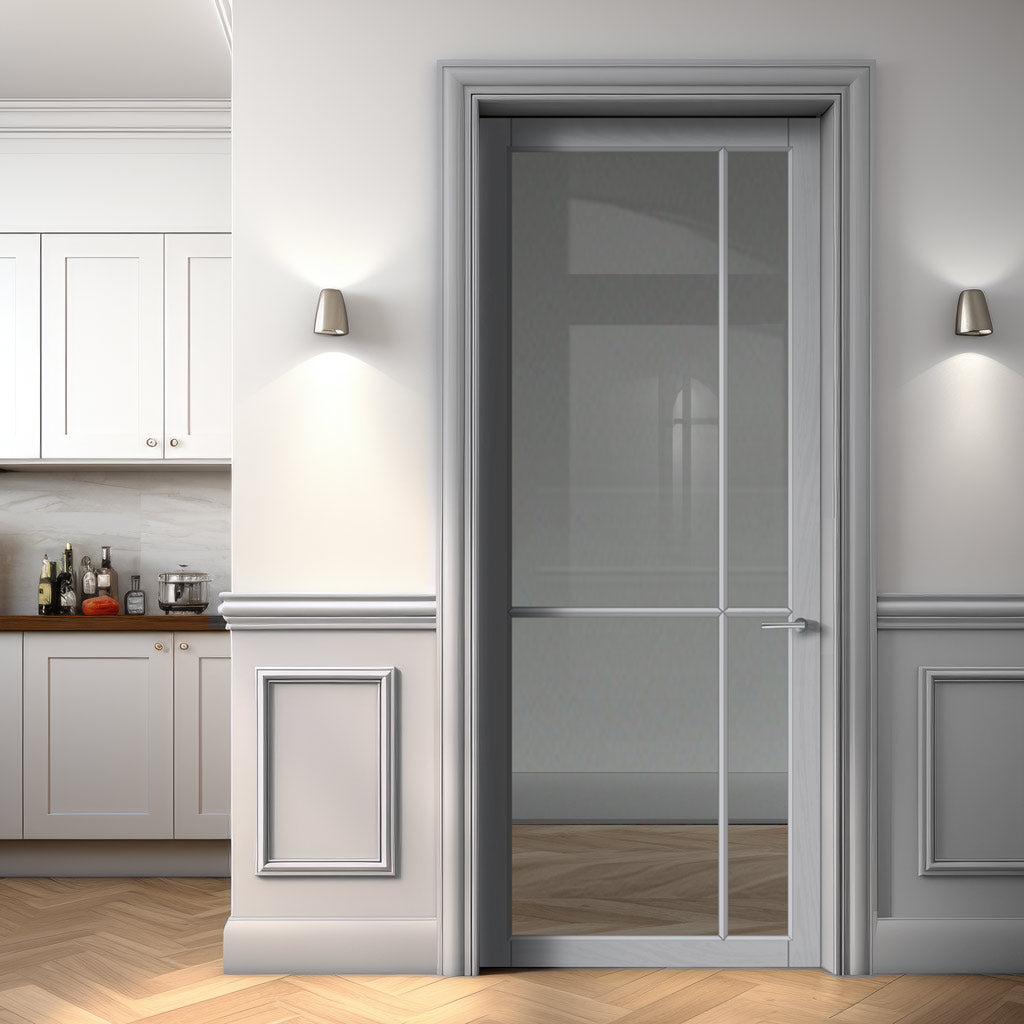 Lerens Solid Wood Internal Door UK Made  DD0117C Clear Glass - Mist Grey Premium Primed - Urban Lite® Bespoke Sizes