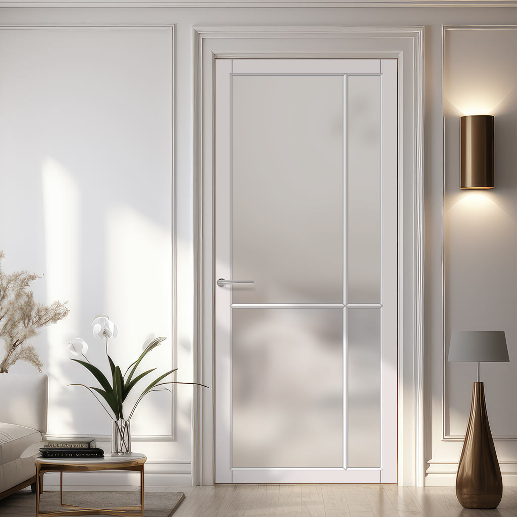 Lerens Solid Wood Internal Door UK Made  DD0117F Frosted Glass - Cloud White Premium Primed - Urban Lite® Bespoke Sizes