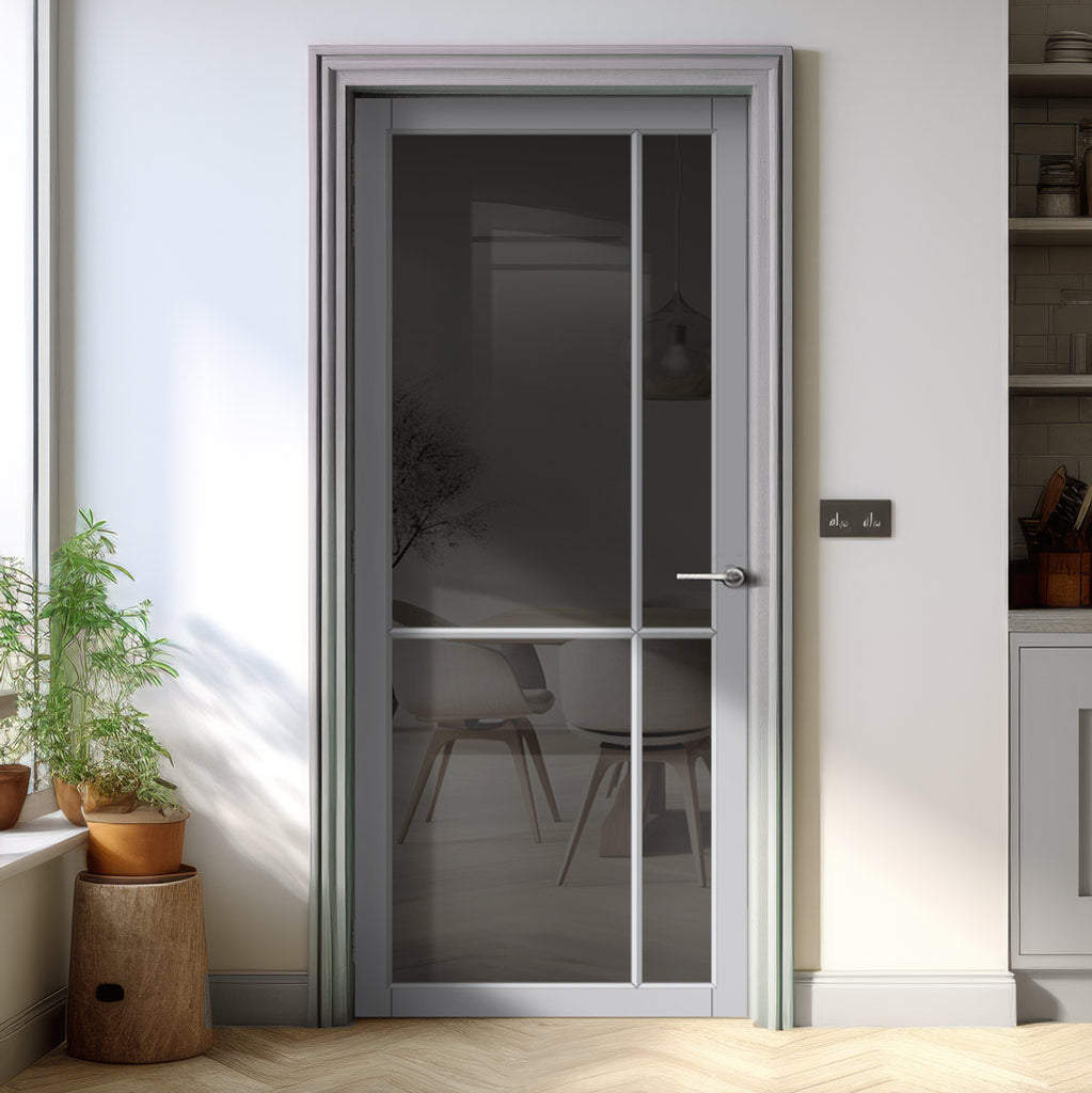 Lerens Solid Wood Internal Door UK Made  DD0117T Tinted Glass - Mist Grey Premium Primed - Urban Lite® Bespoke Sizes