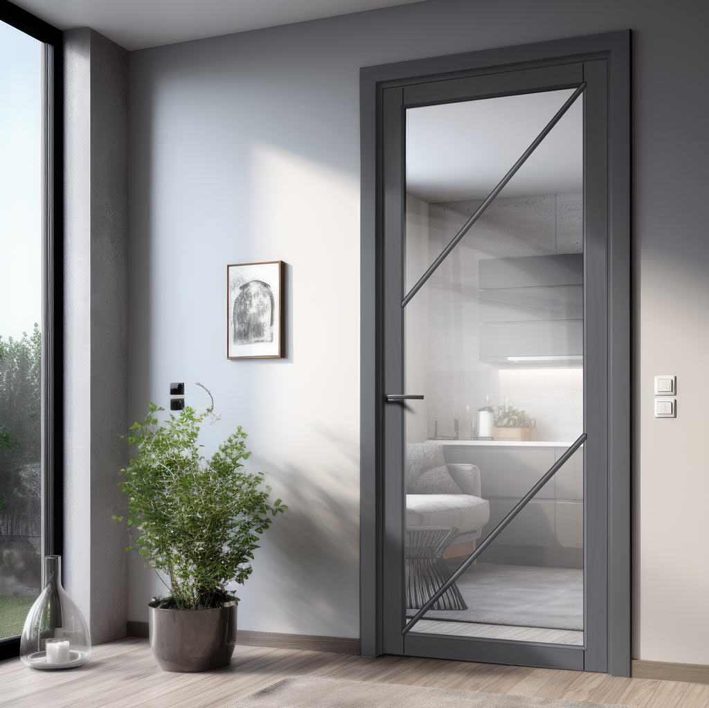 Aria Solid Wood Internal Door UK Made  DD0124C Clear Glass - Stormy Grey Premium Primed - Urban Lite® Bespoke Sizes