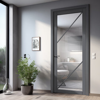 Image: Aria Solid Wood Internal Door UK Made  DD0124C Clear Glass - Stormy Grey Premium Primed - Urban Lite® Bespoke Sizes