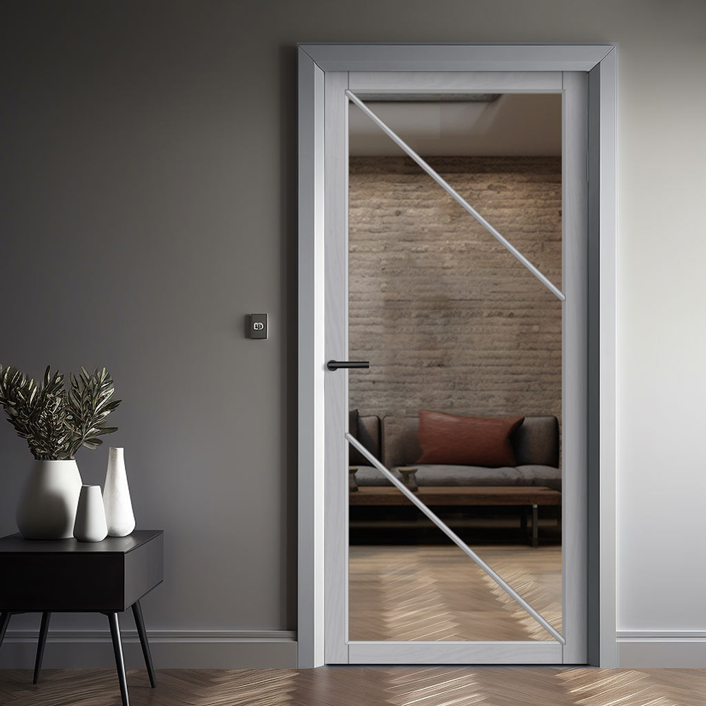 Aria Solid Wood Internal Door UK Made  DD0124C Clear Glass - Mist Grey Premium Primed - Urban Lite® Bespoke Sizes