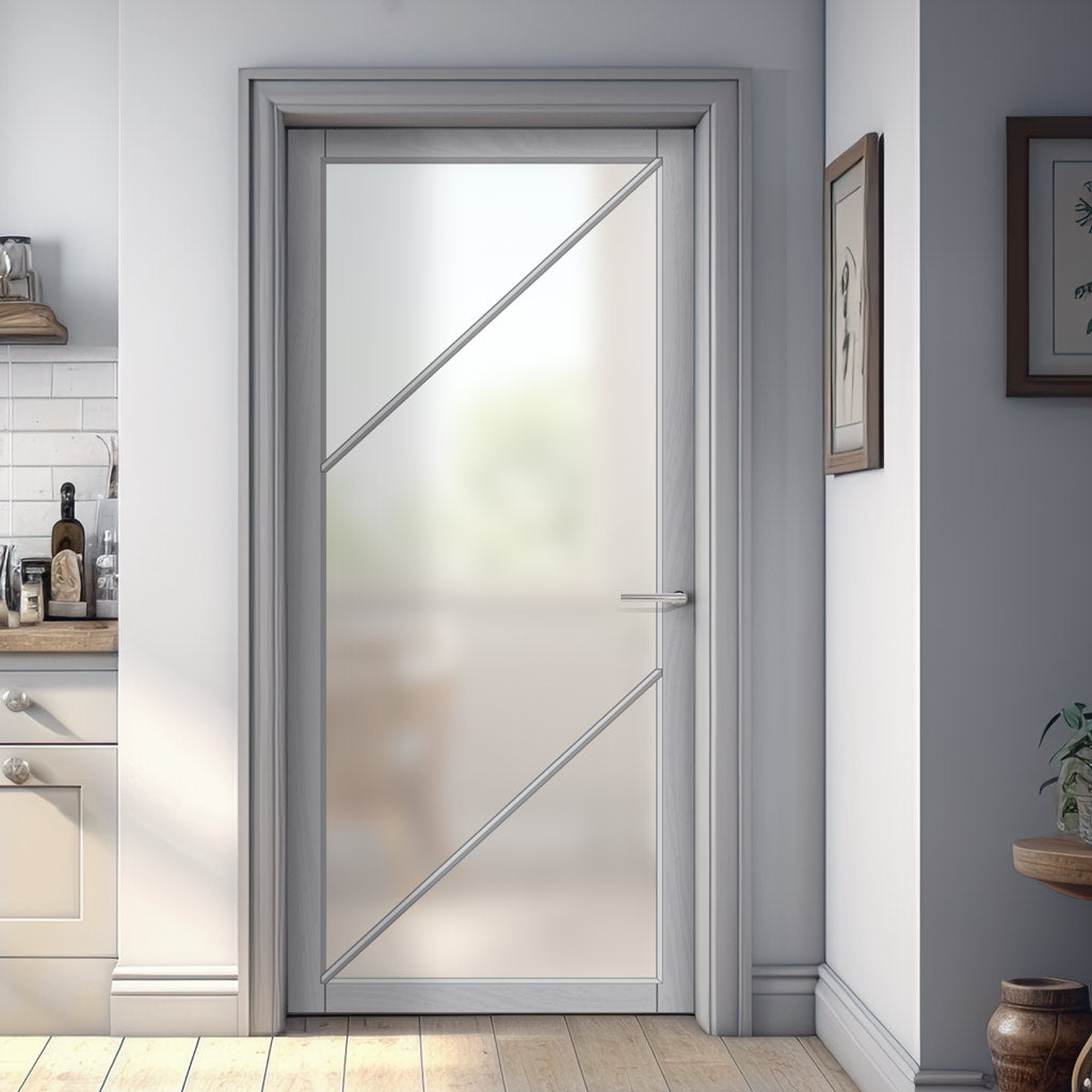 Aria Solid Wood Internal Door UK Made  DD0124F Frosted Glass - Mist Grey Premium Primed - Urban Lite® Bespoke Sizes