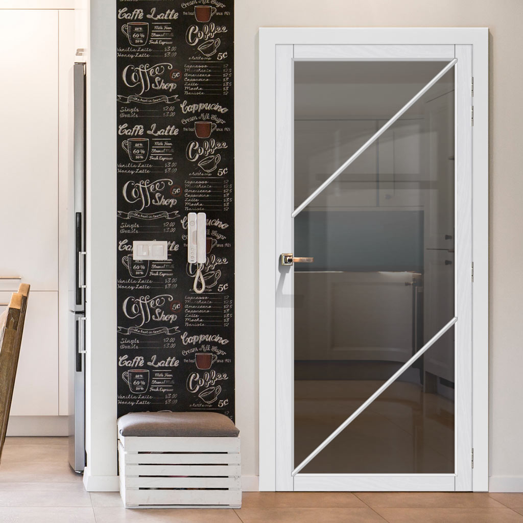 Aria Solid Wood Internal Door UK Made  DD0124T Tinted Glass - Whie Premium Primed - Urban Lite® Bespoke Sizes