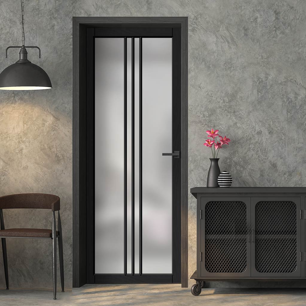 Galeria Solid Wood Internal Door UK Made  DD0102F Frosted Glass - Shadow Black Premium Primed - Urban Lite® Bespoke Sizes