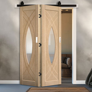 Image: SpaceEasi Top Mounted Black Folding Track & Double Door - Treviso Oak Door - Clear Glass - Prefinished