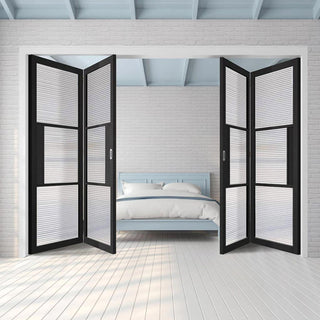 Image: Four Folding Doors & Frame Kit - Tribeca 3 Pane Black Primed 2+2 - Clear Reeded Glass