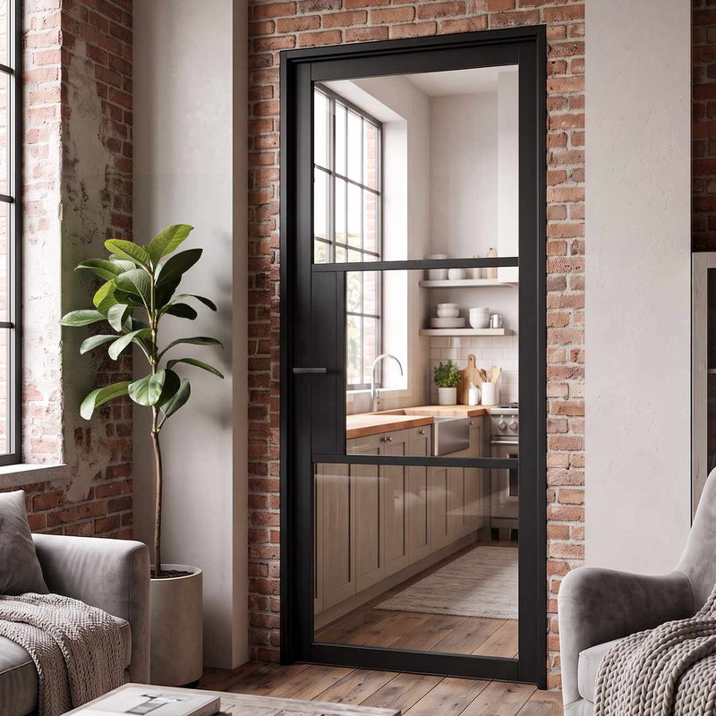 Tribeca 3 Pane Black Painted Internal Door - Clear Glass - Prefinished