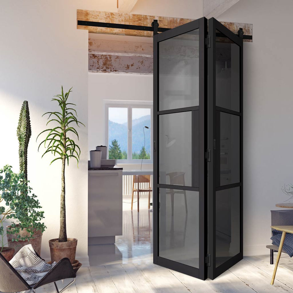 Sliding Top Mounted Black Folding Track & Double Door - Tribeca 3 Pane Black Primed Door - Tinted Glass