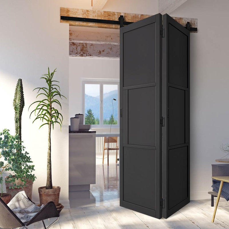 Sliding Top Mounted Black Folding Track & Double Door - Tribeca 3 Panel Black Painted Door - Prefinished