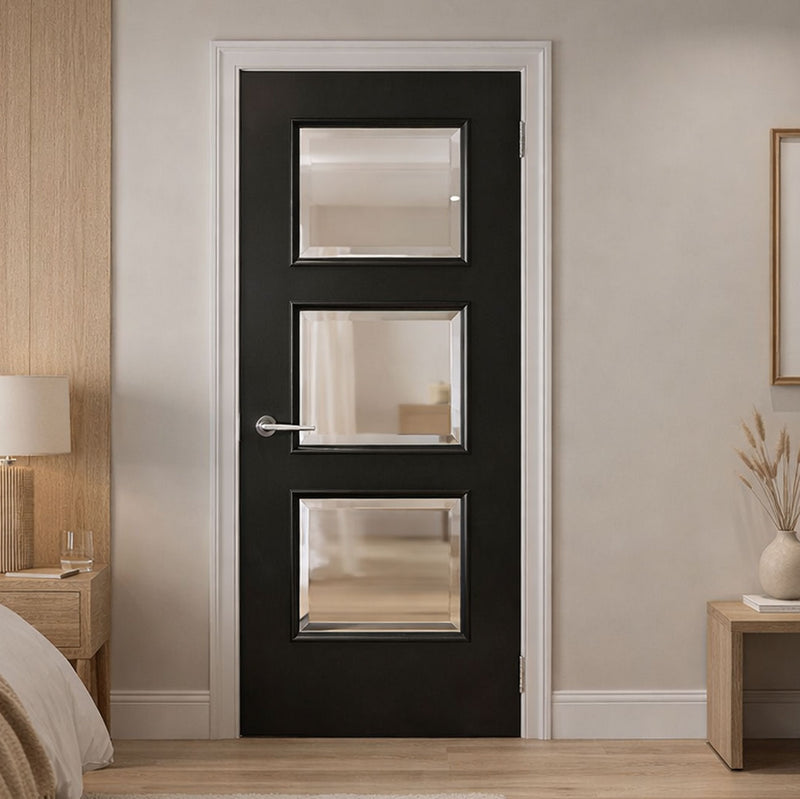 Trinity Black Internal Door - Clear Bevelled Glass - Prefinished
