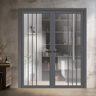 Image: Tula Solid Wood Internal Door Pair UK Made DD0104C Clear Glass - Stormy Grey Premium Primed - Urban Lite® Bespoke Sizes