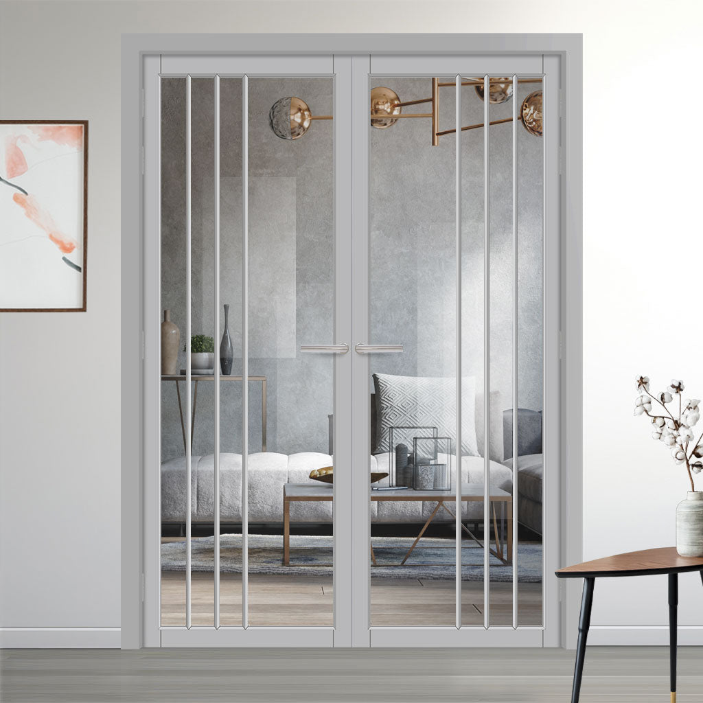 Tula Solid Wood Internal Door Pair UK Made DD0104C Clear Glass - Mist Grey Premium Primed - Urban Lite® Bespoke Sizes