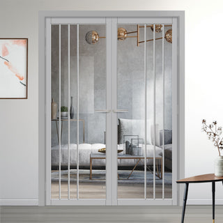 Image: Tula Solid Wood Internal Door Pair UK Made DD0104C Clear Glass - Mist Grey Premium Primed - Urban Lite® Bespoke Sizes