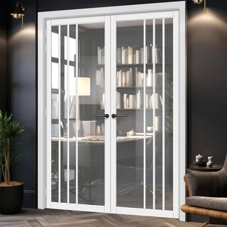 Image: Tula Solid Wood Internal Door Pair UK Made DD0104C Clear Glass - Cloud White Premium Primed - Urban Lite® Bespoke Sizes