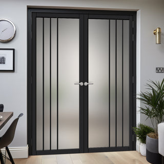 Image: Tula Solid Wood Internal Door Pair UK Made DD0104F Frosted Glass - Shadow Black Premium Primed - Urban Lite® Bespoke Sizes