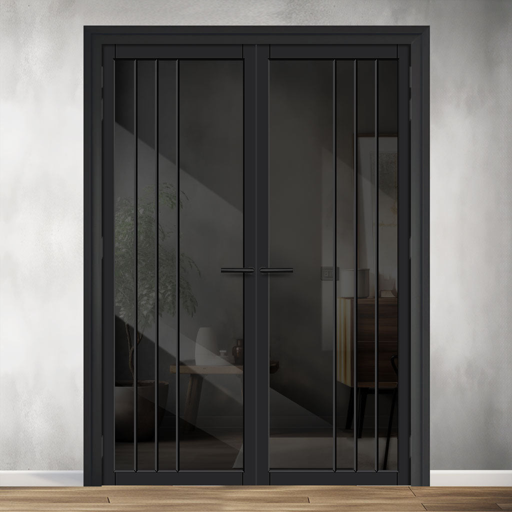 Tula Solid Wood Internal Door Pair UK Made DD0104T Tinted Glass - Shadow Black Premium Primed - Urban Lite® Bespoke Sizes