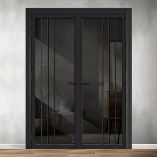 Image: Tula Solid Wood Internal Door Pair UK Made DD0104T Tinted Glass - Shadow Black Premium Primed - Urban Lite® Bespoke Sizes